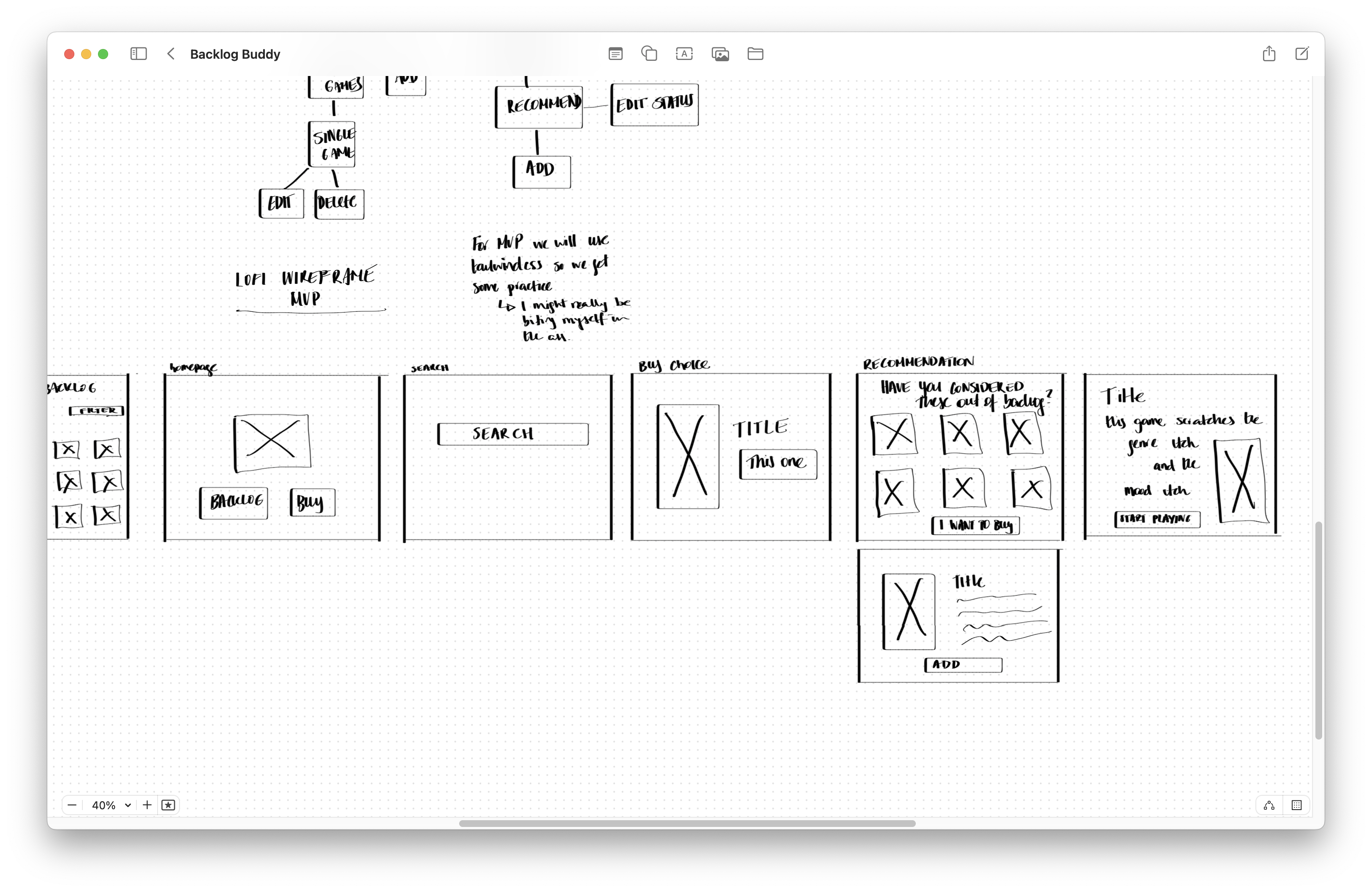 early Backlog Explorer wireframe from bootcamp
